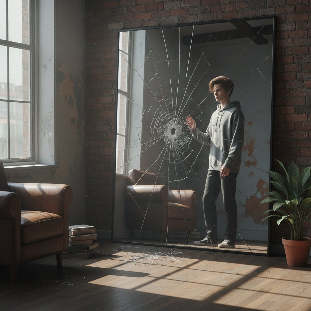 Młoda osoba w garniturze patrzy w popękane lustro, motyw perfekcjonizmu i presji społecznej w Polsce