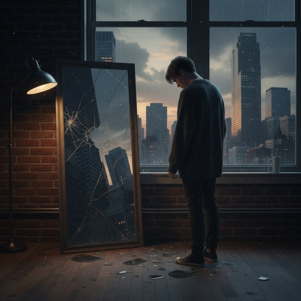 Osoba patrząca w rozbite lustro, symbolizujące walkę z samooceną, z widokiem miasta za oknem