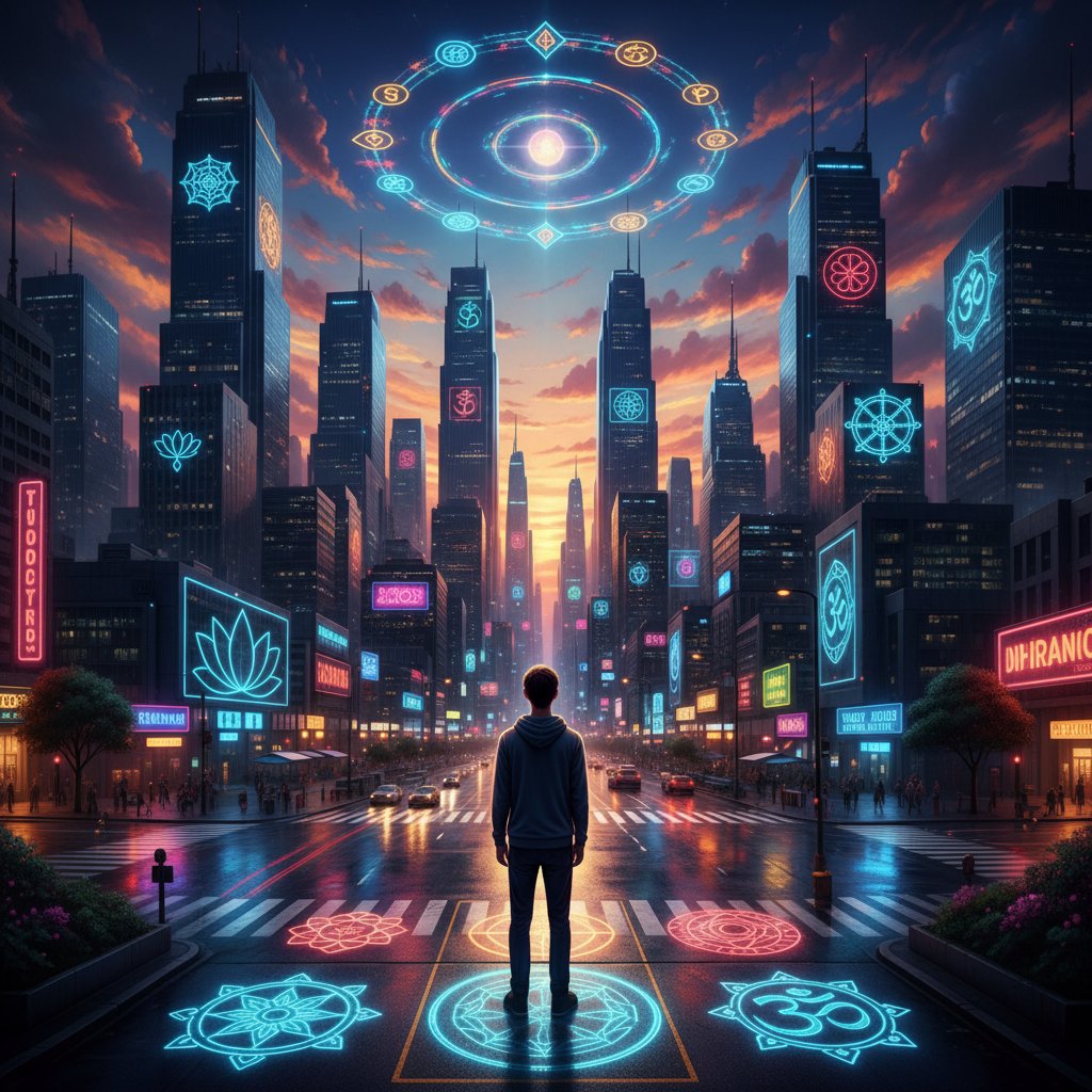 Junge Erwachsene am Scheideweg mit Stadt im Hintergrund, Sinnsuche, Lebensaufgabe und Hellsehen