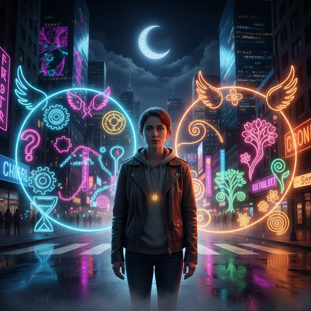 Junger Erwachsener an einer Kreuzung in der Stadt bei Nacht, Symbol für Entscheidung und spirituelle Krise