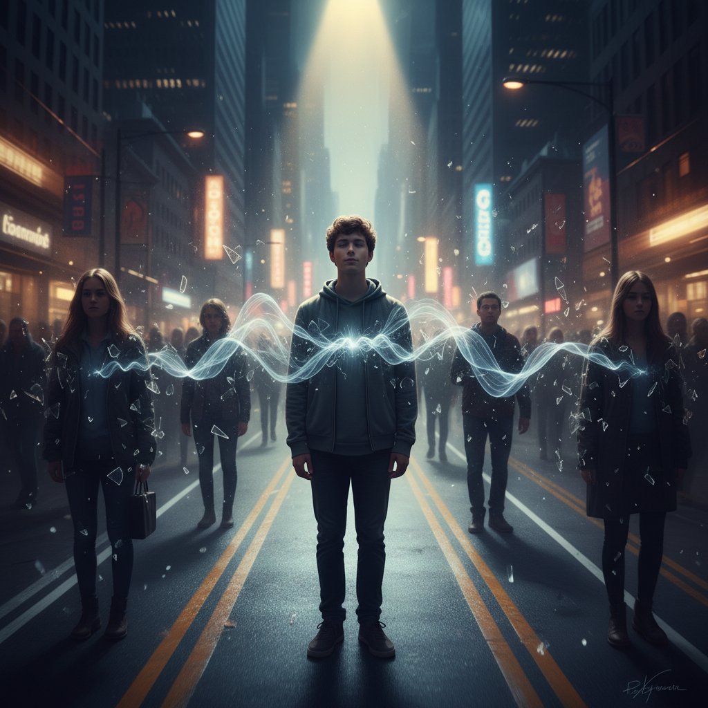 Młody dorosły w hałaśliwej miejskiej przestrzeni, otoczony rozmytymi sylwetkami, z dźwiękami rozmywającymi się w ciszę wokół głowy – symbol psychogennej utraty słuchu