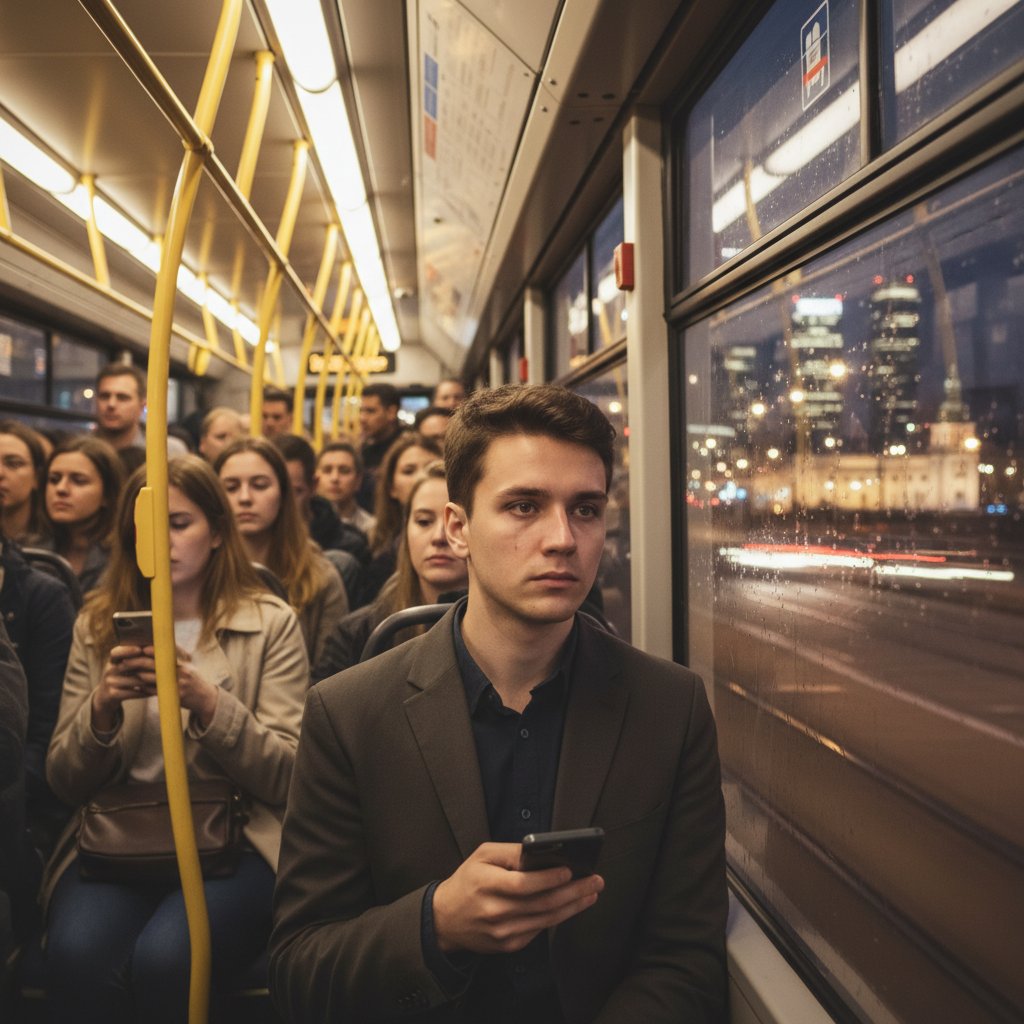 Młoda osoba w warszawskim tramwaju pośród tłumu, pogrążona w myślach, światła miasta odbijają się w oknie – atmosfera pełna emocji