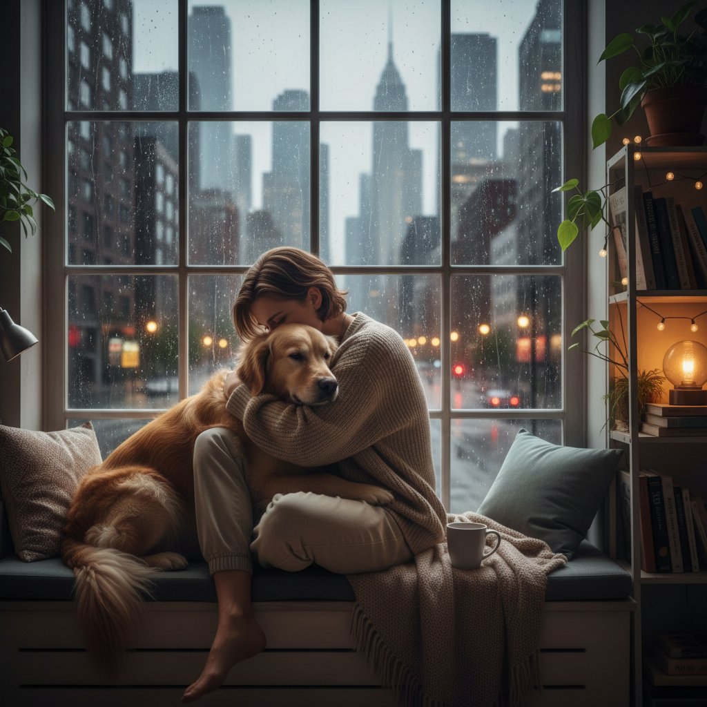 Młody dorosły przytulający psa na tle miejskiego okna, relaks, poczucie bliskości, słowa kluczowe: pies, samotność, dom