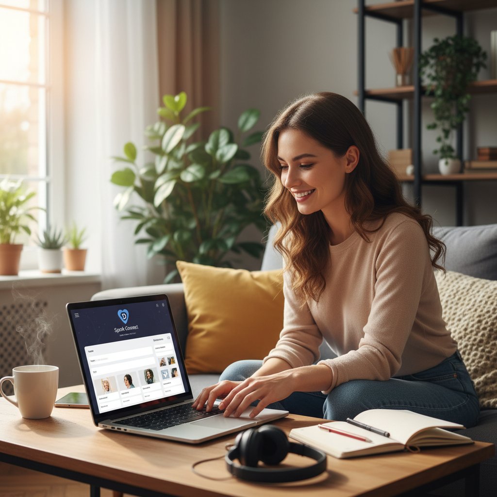 Young adult focused on dating app bio, laptop, serious mood, digital dating tips