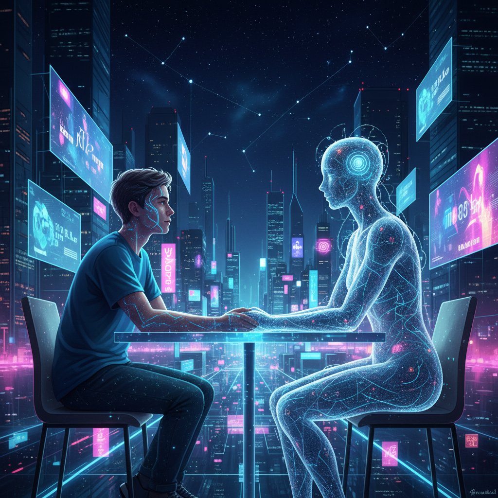 Osoba prowadząca wirtualną rozmowę z awatarem AI w realistycznej miejskiej scenerii nocą, symbolizująca symulator rozmów online