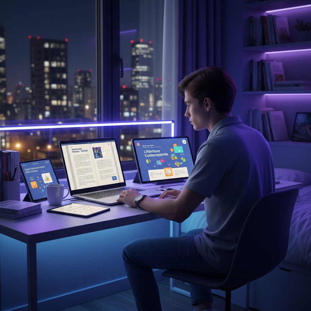 Młody uczeń w nowoczesnym apartamencie, otoczony cyfrowymi podręcznikami francuskiego i laptopem, noc, neonowe światło