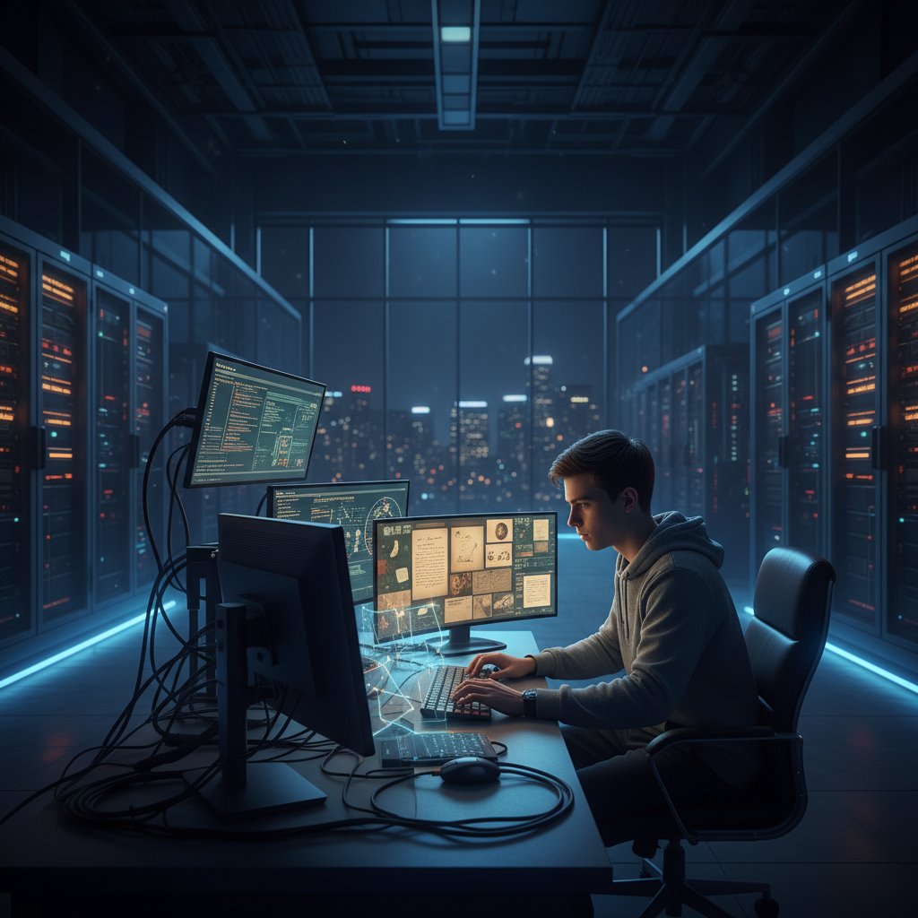 Osoba przeglądająca cyfrowe archiwum historii najnowszej w nocy – skupiona twarz oświetlona blaskiem ekranu