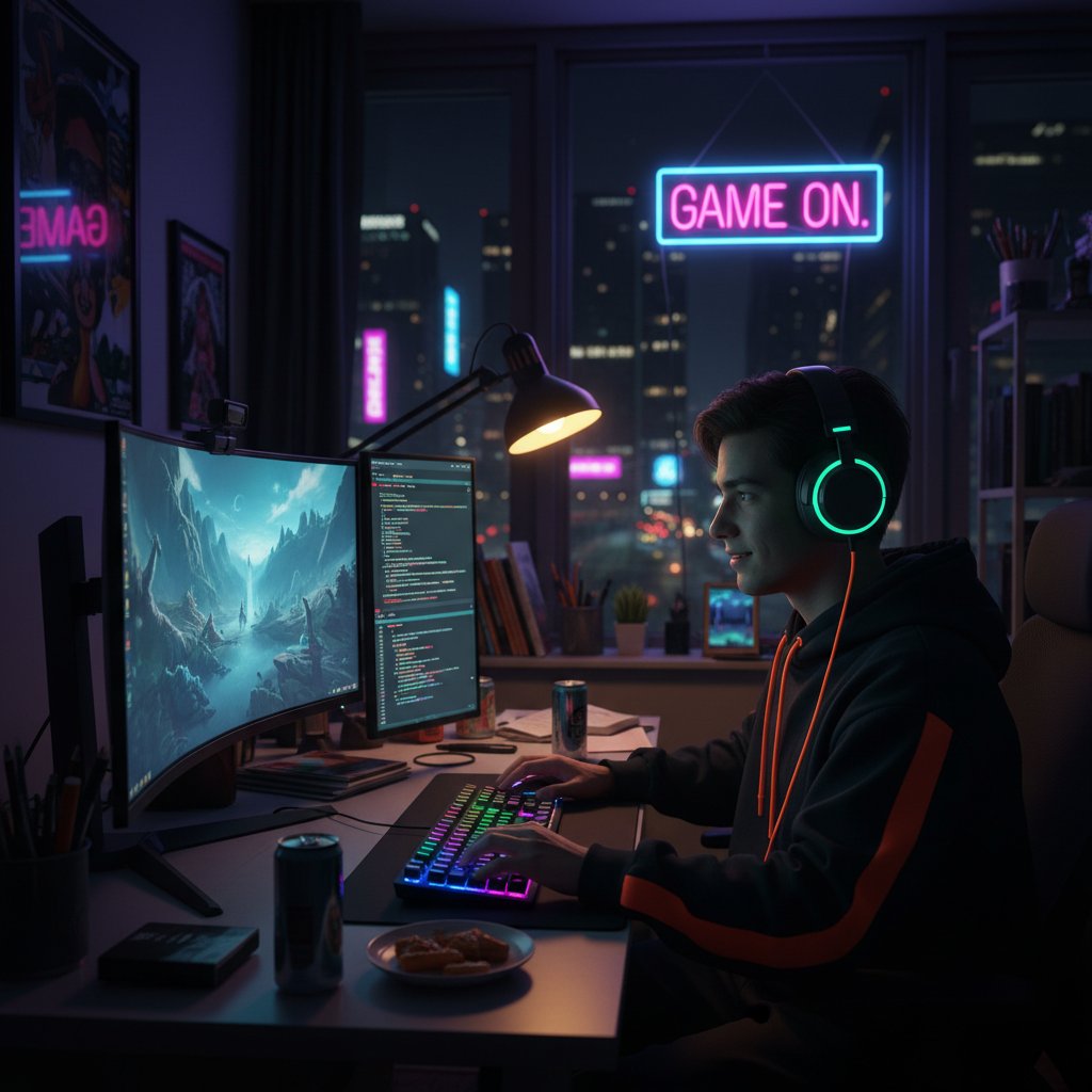 Młoda osoba ćwicząca hobby online przy komputerze, otoczona ekranami z różnymi zainteresowaniami, nocny klimat, neonowe światła