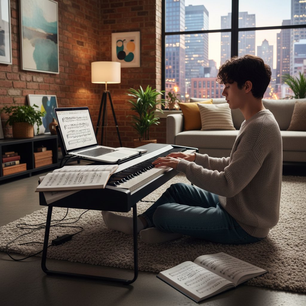 Młody dorosły ćwiczy na cyfrowym pianinie w warszawskim mieszkaniu, laptop, nuty, atmosfera skupienia, nauka fortepianu online