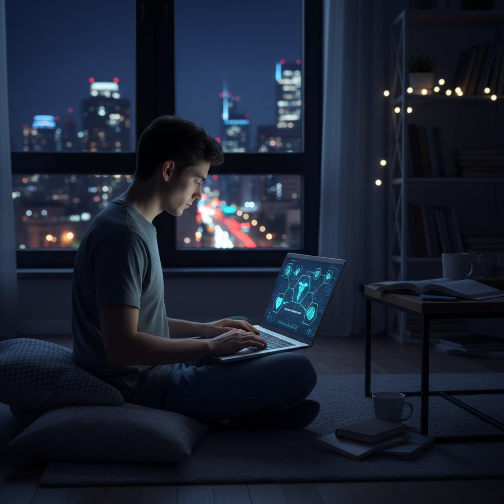 Osoba siedząca w półmroku z laptopem, otoczona cyfrowymi ikonami medycznymi, symbolizując niepewność zdrowotną i chaos informacyjny