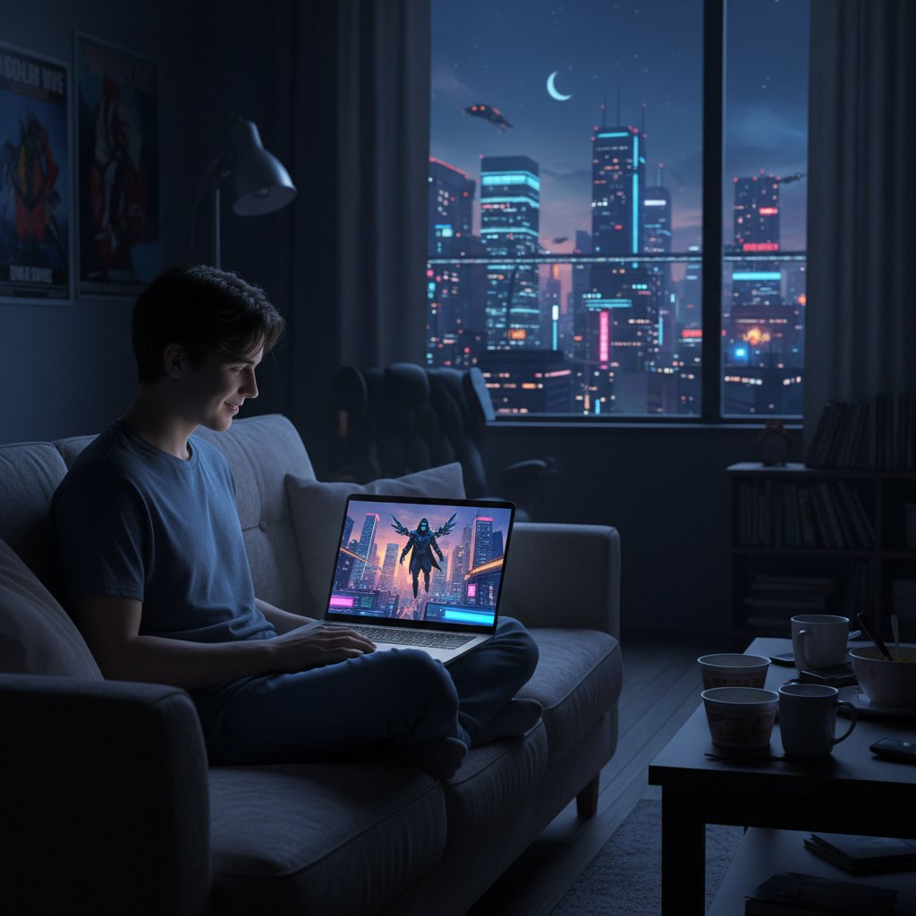Młoda osoba rozmawia z cyfrowym kumplem przy laptopie w polskim mieszkaniu nocą, światła miasta w tle