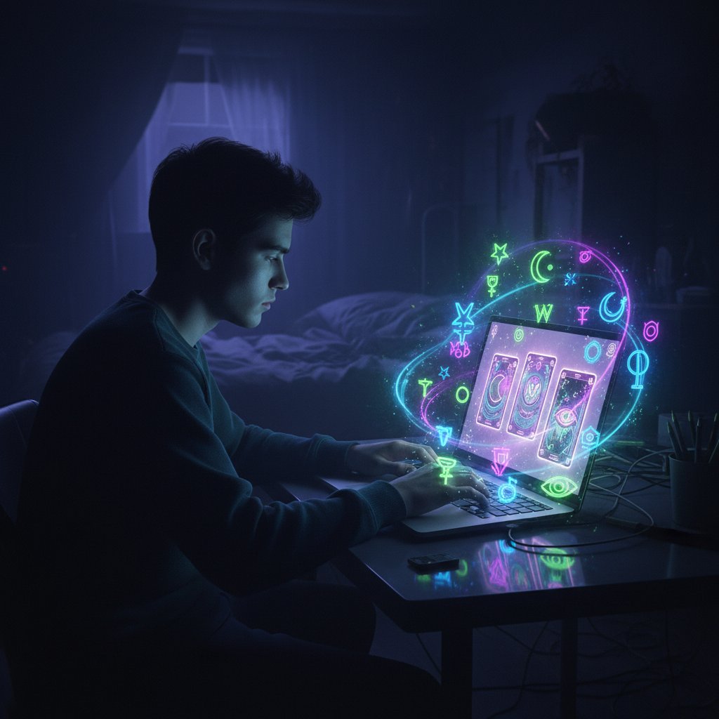 Junger Erwachsener sitzt nachts in einem dunklen Zimmer, betrachtet gebannt einen Laptop mit digitalen Tarotkarten auf dem Bildschirm, neonfarbene mystische Symbole spiegeln sich in der Brille – Thema Online Wahrsager