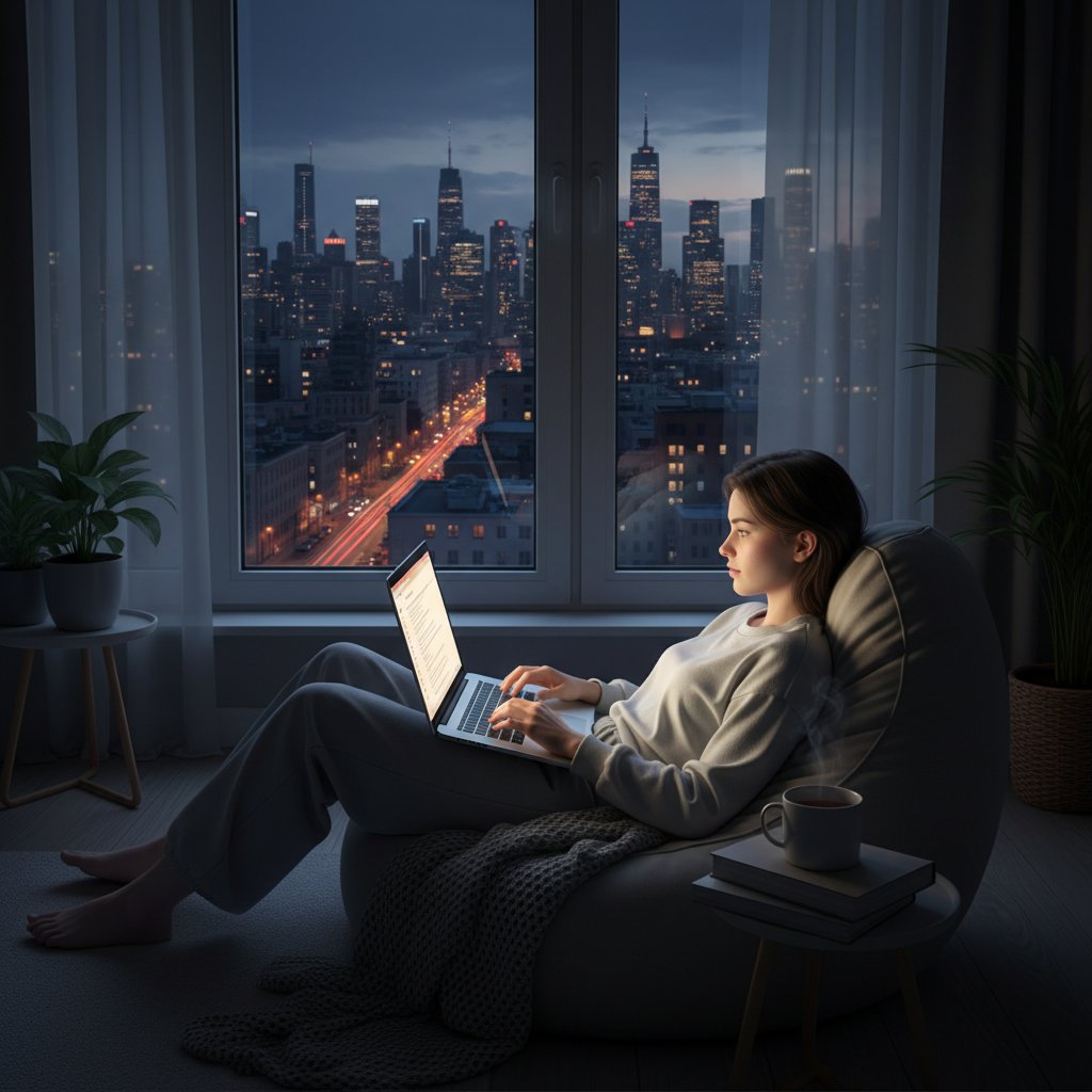 Osoba w półmroku, relaksująca się podczas wieczornej rozmowy online, laptop rozświetla twarz, tło miejskie
