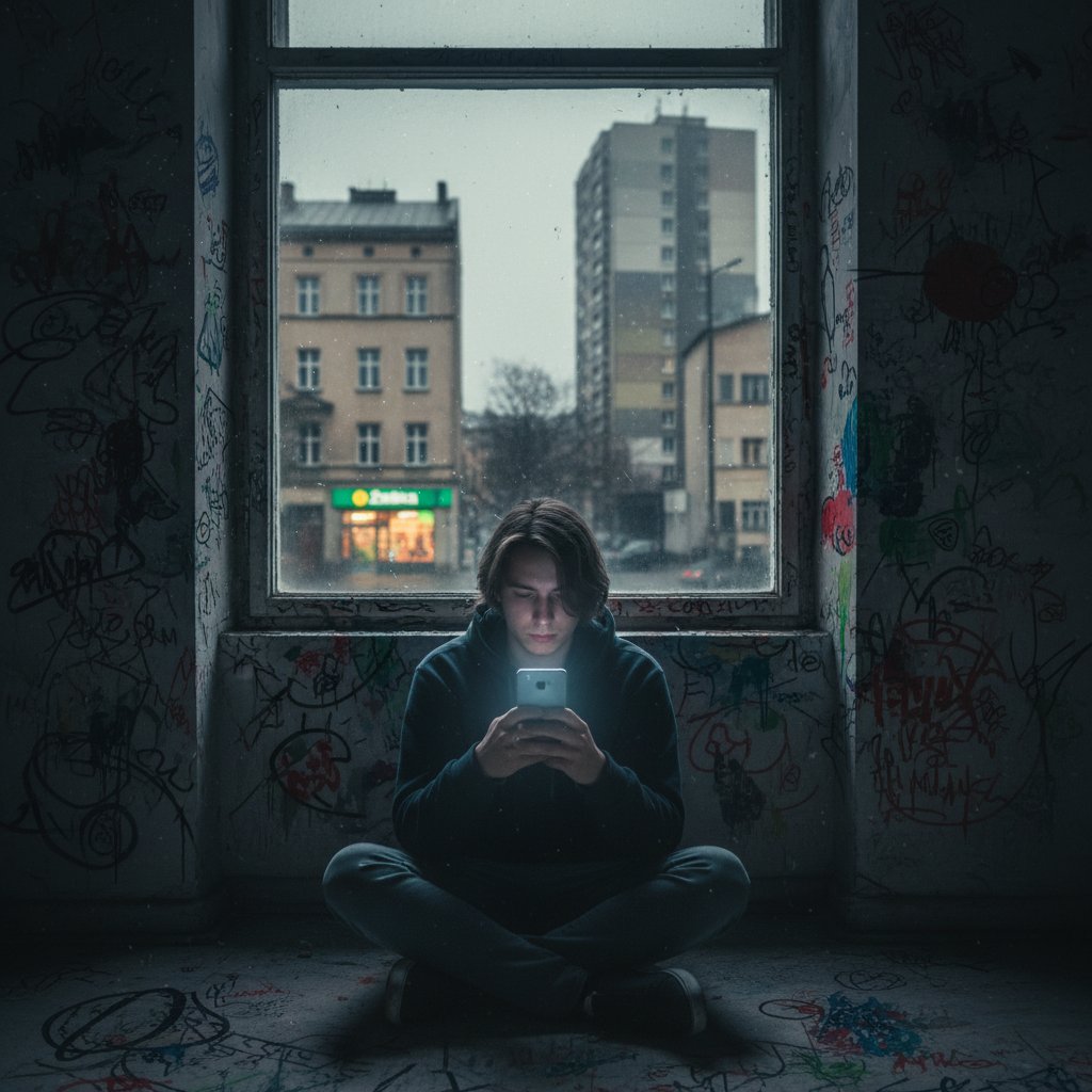 Młody dorosły patrzący w ekran smartfona, otoczony chaosem symbolizującym emocje, aplikacje zarządzania emocjami