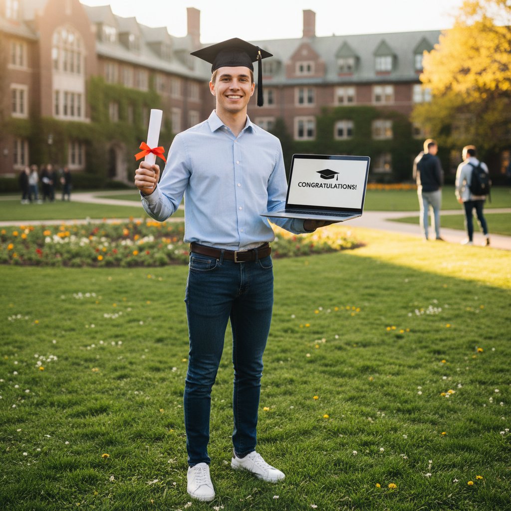 Uśmiechnięty młody dorosły z dyplomem i laptopem, świętujący sukces po ukończeniu technikum rosyjskiego online