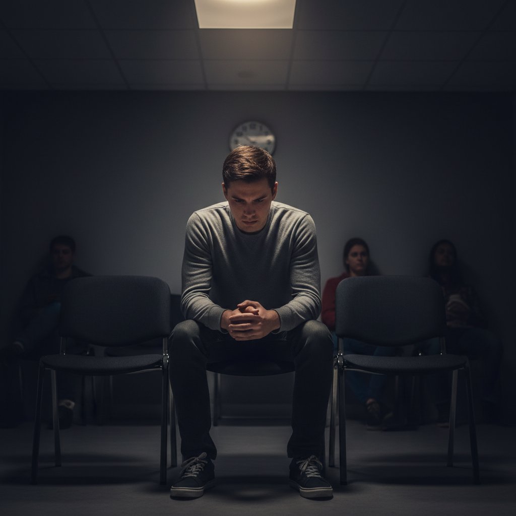 Osoba z widocznym napięciem na twarzy w nowoczesnej poczekalni lekarskiej, w cieniu i refleksach światła – objawy somatyczne w codzienności