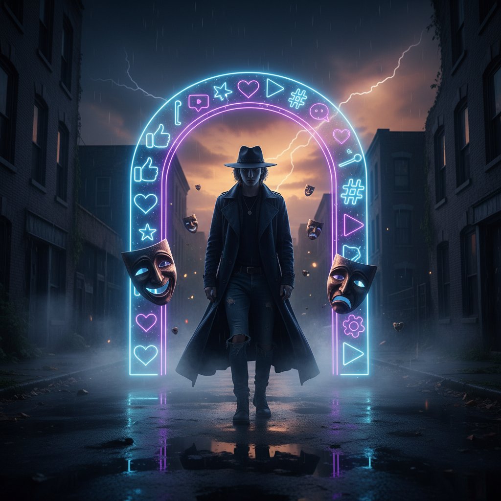 Młoda osoba w dramatycznym świetle z teatralnymi maskami i symbolami mediów społecznościowych, urbanistyczne nocne tło