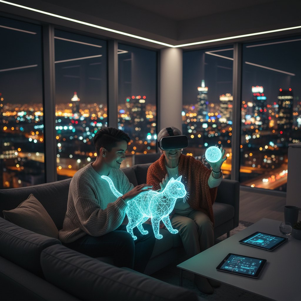 Młody dorosły i senior korzystający z wirtualnego kota w nowoczesnym mieszkaniu, miasto nocą