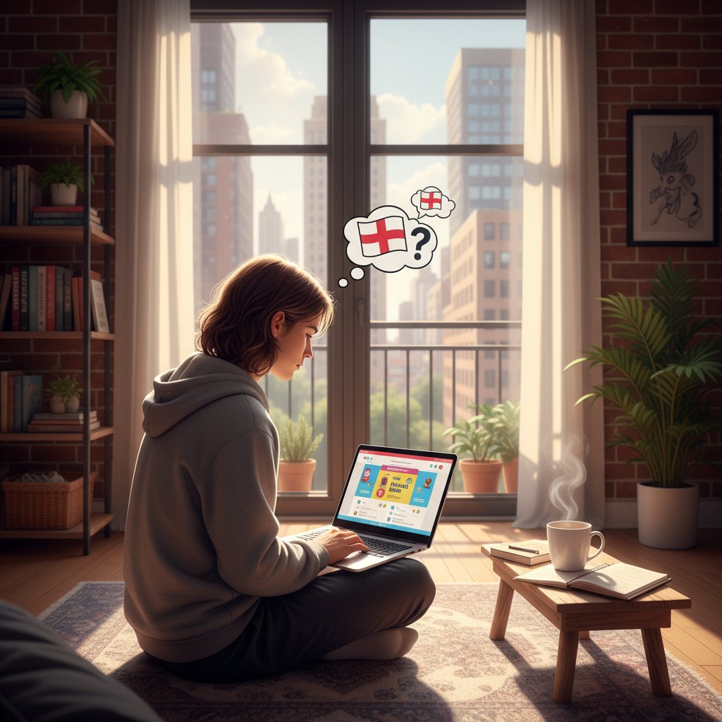 Młody dorosły z laptopem, korzystający z ćwiczeń online do nauki angielskiego