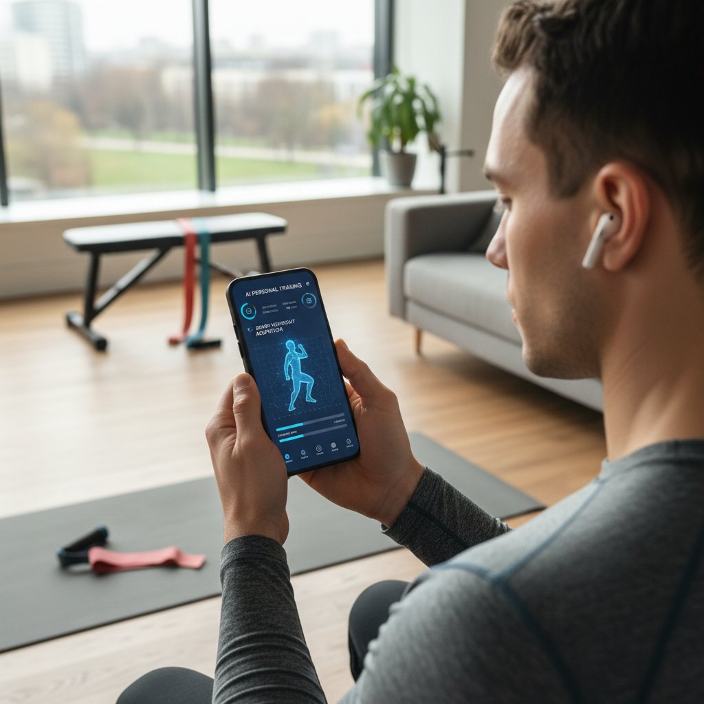 Młoda osoba korzystająca z aplikacji fitness podczas treningu w domu, wyświetlacz pokazuje plan AI