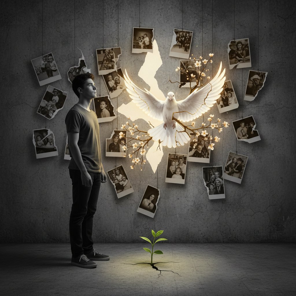 Młoda osoba siedząca przy stole z pociętymi zdjęciami rodzinnymi, światło i cień, symbolika odcięcia i nadziei