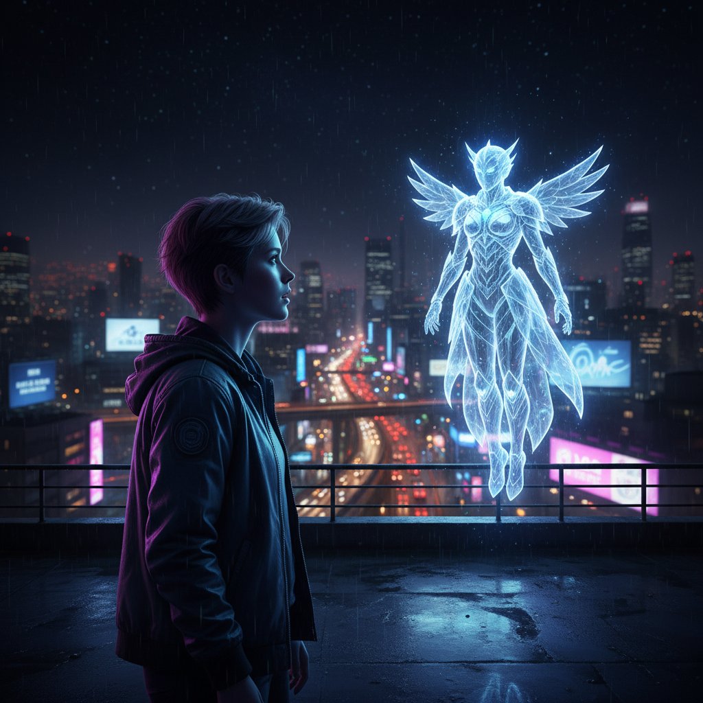 Junge Person vor Bildschirm, betrachtet digitales Avatar, urbanes Nachtambiente – digitale Romanze und KI-Beziehung