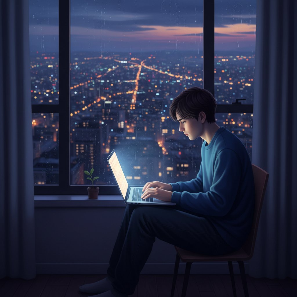 Junger Erwachsener vor Laptop in nächtlicher Großstadtkulisse, Isolation und Hoffnung, digitale Krisenhilfe