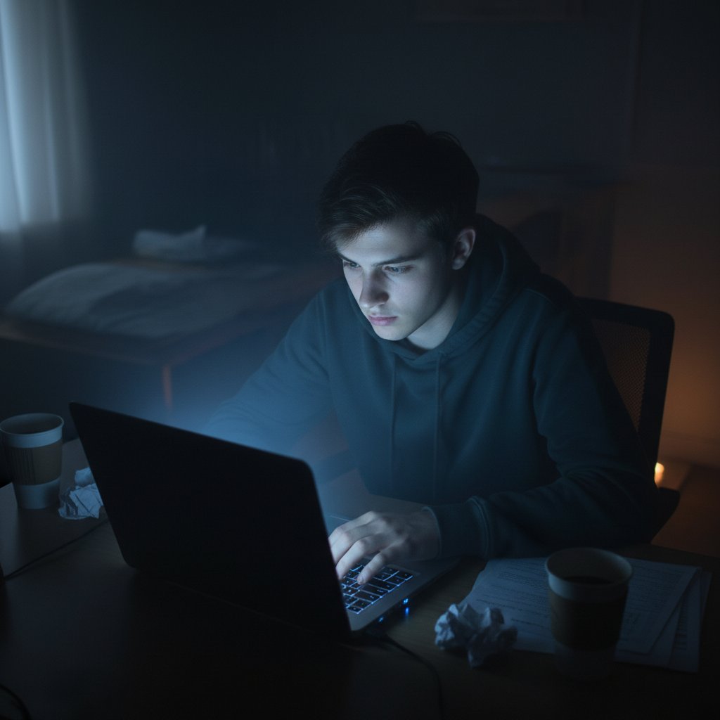 Młody dorosły patrzący w ekran w ciemnym pokoju, symbolizujący cyfrową samotność i nudę online