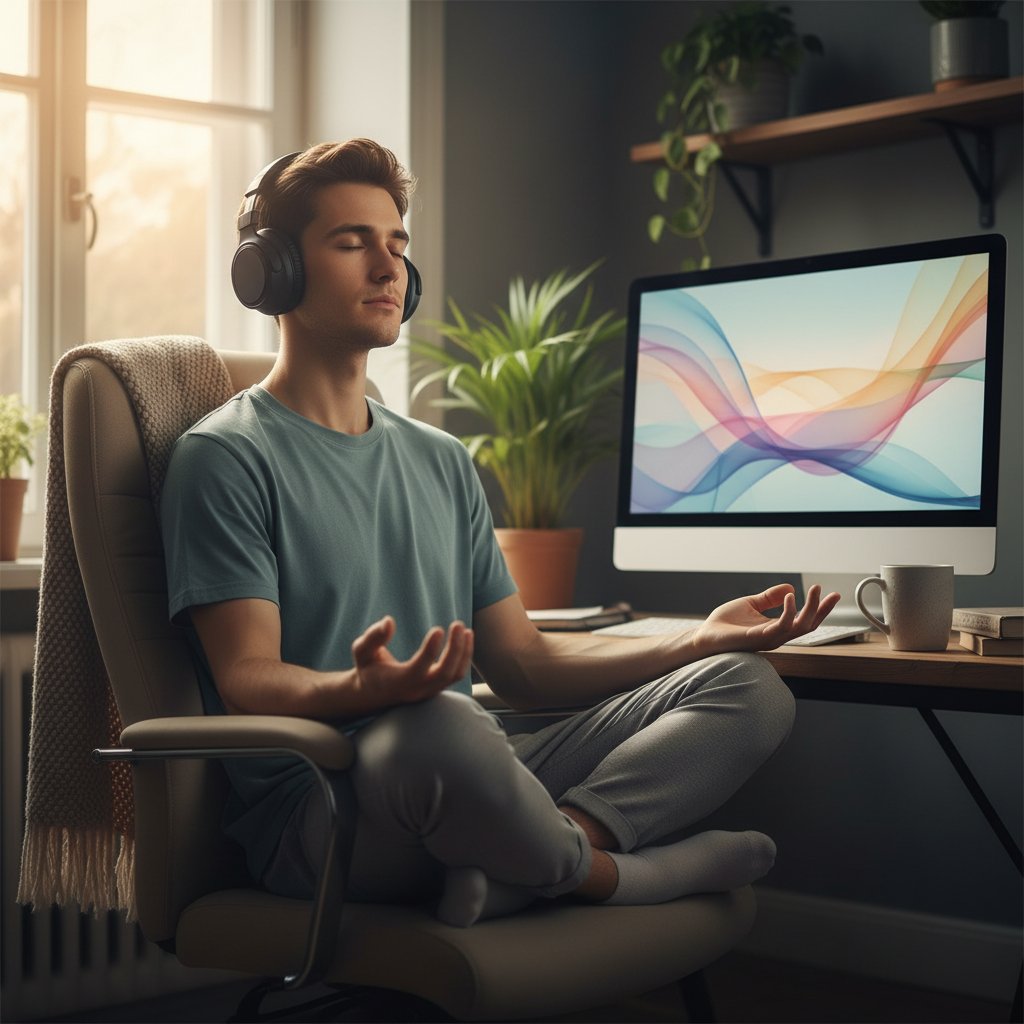 Młody dorosły w słuchawkach wykonuje ćwiczenie mindfulness przed komputerem, skupienie, atmosfera relaksu