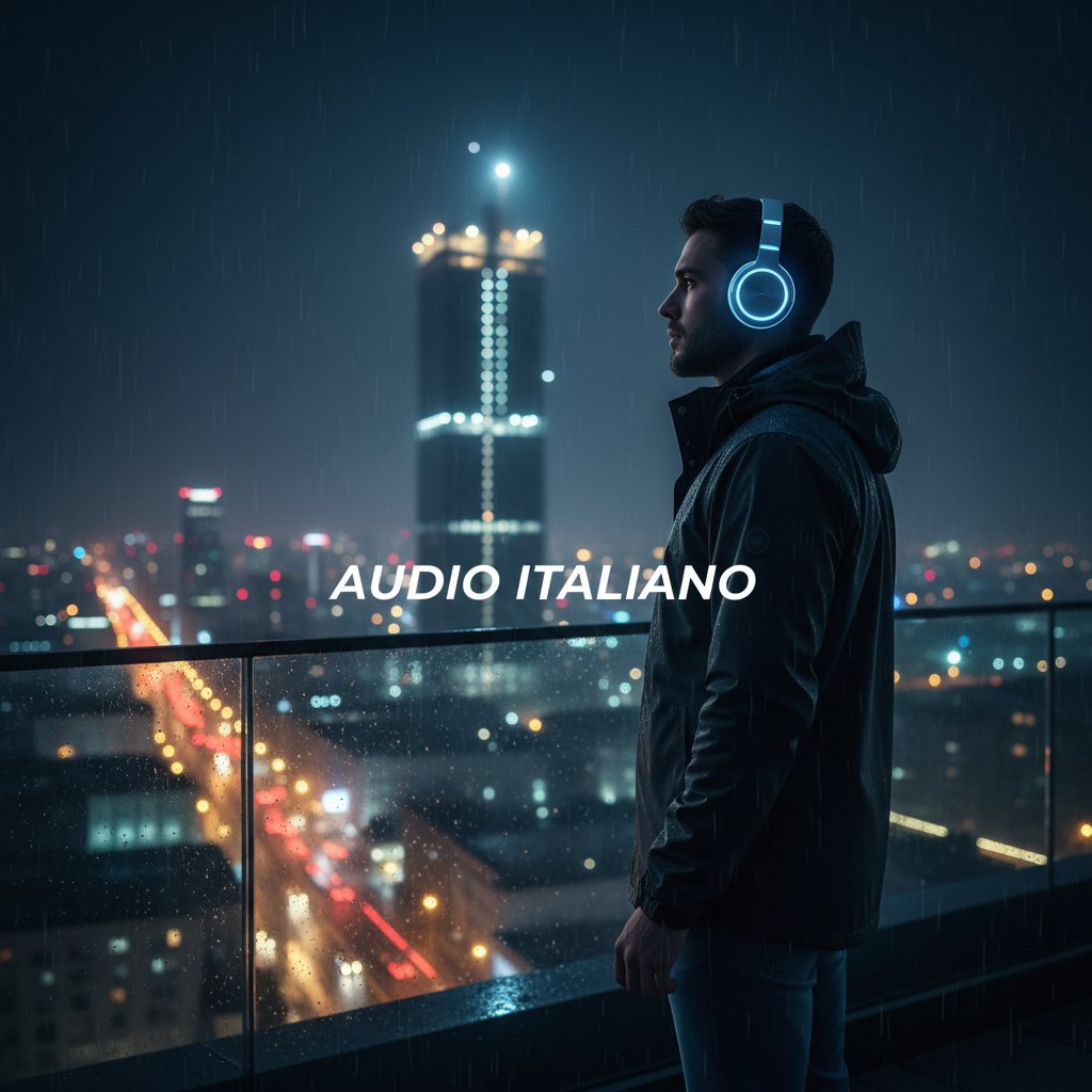 Młoda osoba w słuchawkach słucha włoskich podcastów nocą, w tle miasto