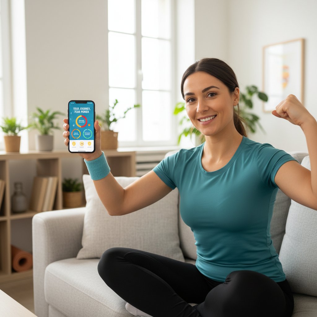 Młoda osoba używa aplikacji zdrowotnej na smartfonie do monitorowania wzroku, domowa sceneria, klimat motywujący