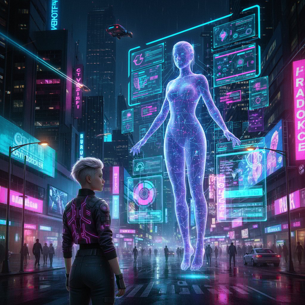 Mensch vor Bildschirm mit holografischem weiblichem Avatar – Kontrolle im digitalen Zeitalter