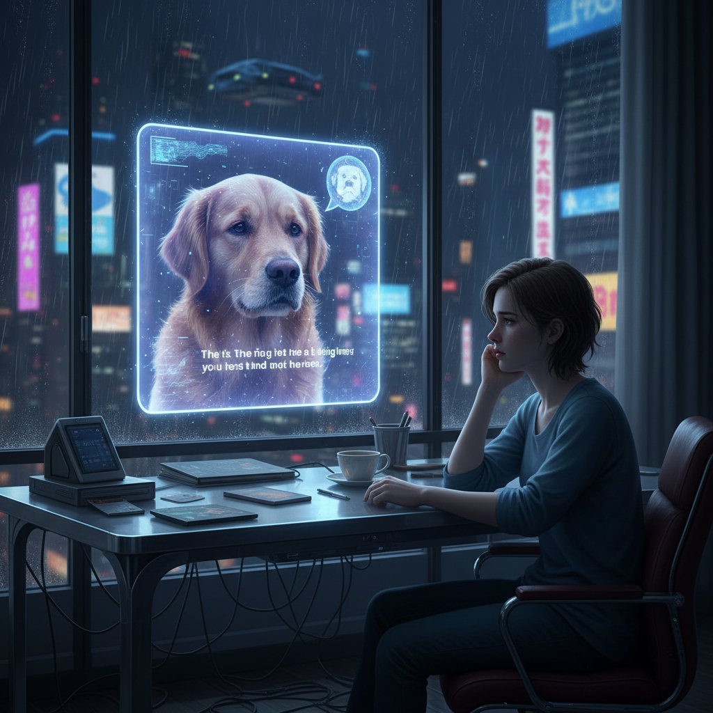 Młoda osoba rozmawia z holograficznym pieskiem online w miejskim mieszkaniu nocą, w tle panorama miasta, klimat intrygujący i lekko melancholijny