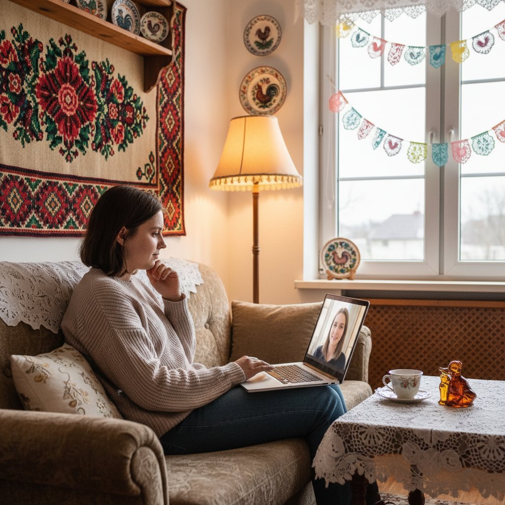 Młoda osoba podczas sesji psychoterapii online w domu