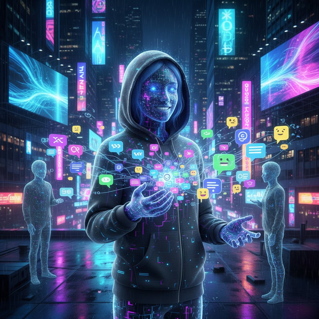 Młoda osoba w bluzie z kapturem rozmawia przez smartfon nocą, w tle neonowe światła i subtelny avatar AI