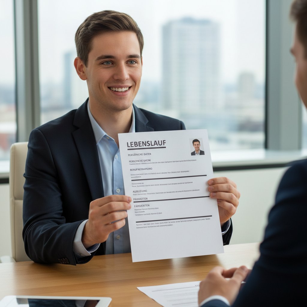 Młody dorosły podczas rozmowy rekrutacyjnej, uśmiechnięty, z CV w języku niemieckim