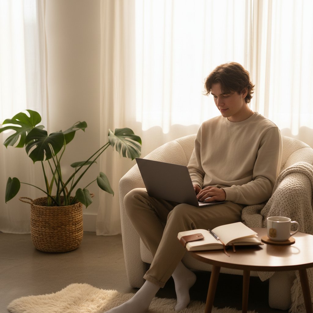 Młody dorosły notujący w dzienniku emocje, laptop obok, spokojna atmosfera, klimat zmiany na lepsze