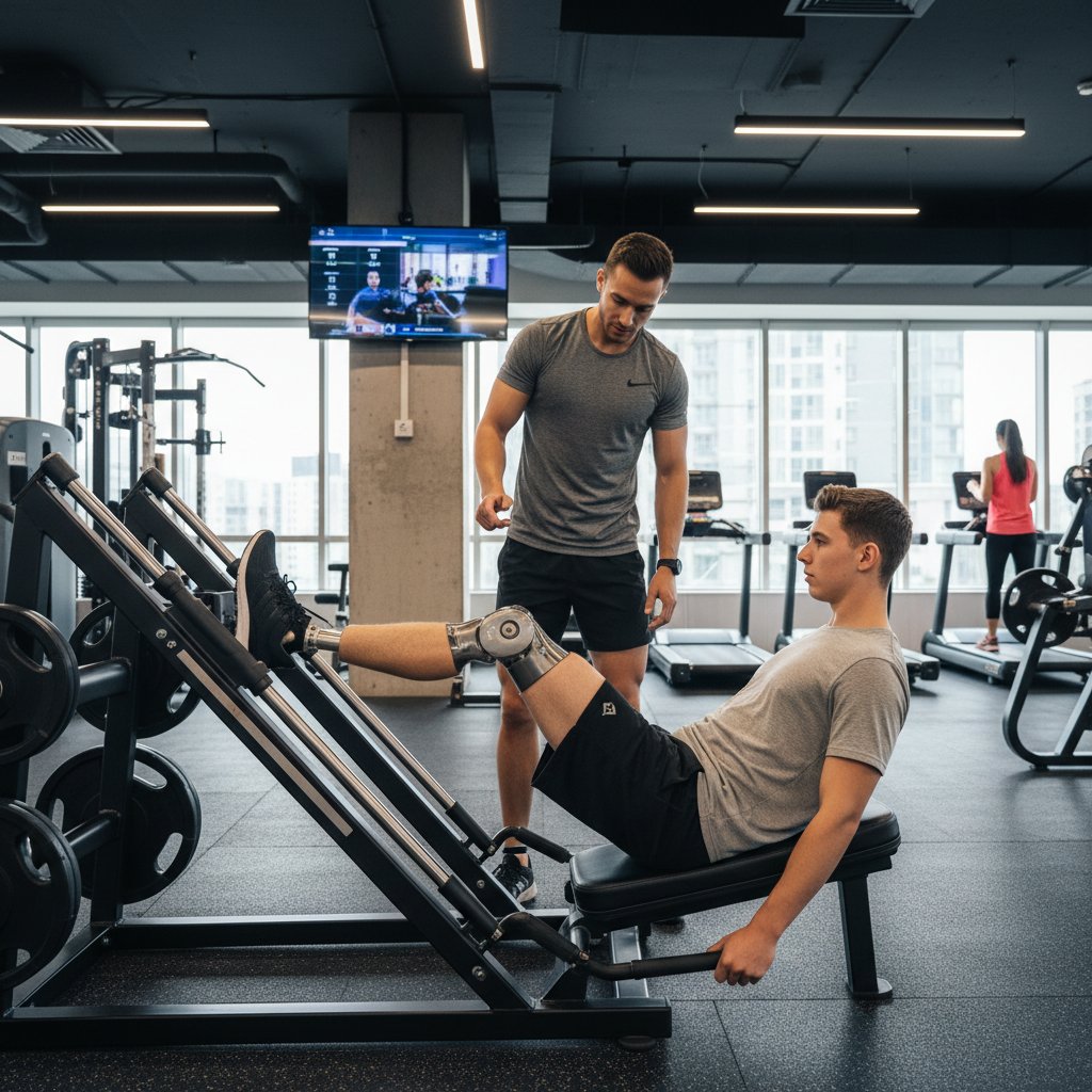 Młody dorosły po operacji endoprotezy kolana, ćwiczący z fizjoterapeutą, nowoczesna siłownia