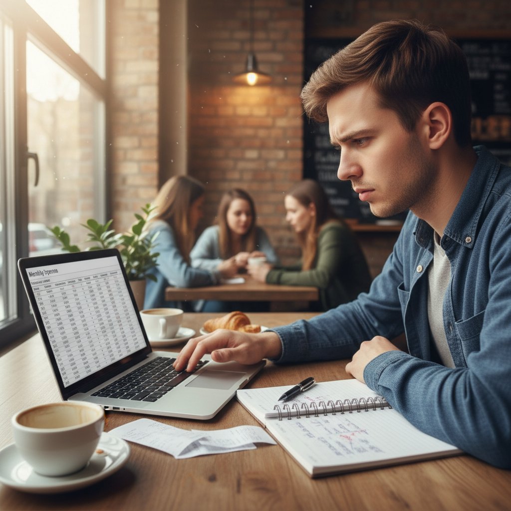 Młoda osoba z laptopem w kawiarni, analizuje wydatki, atmosfera niepewności i determinacji