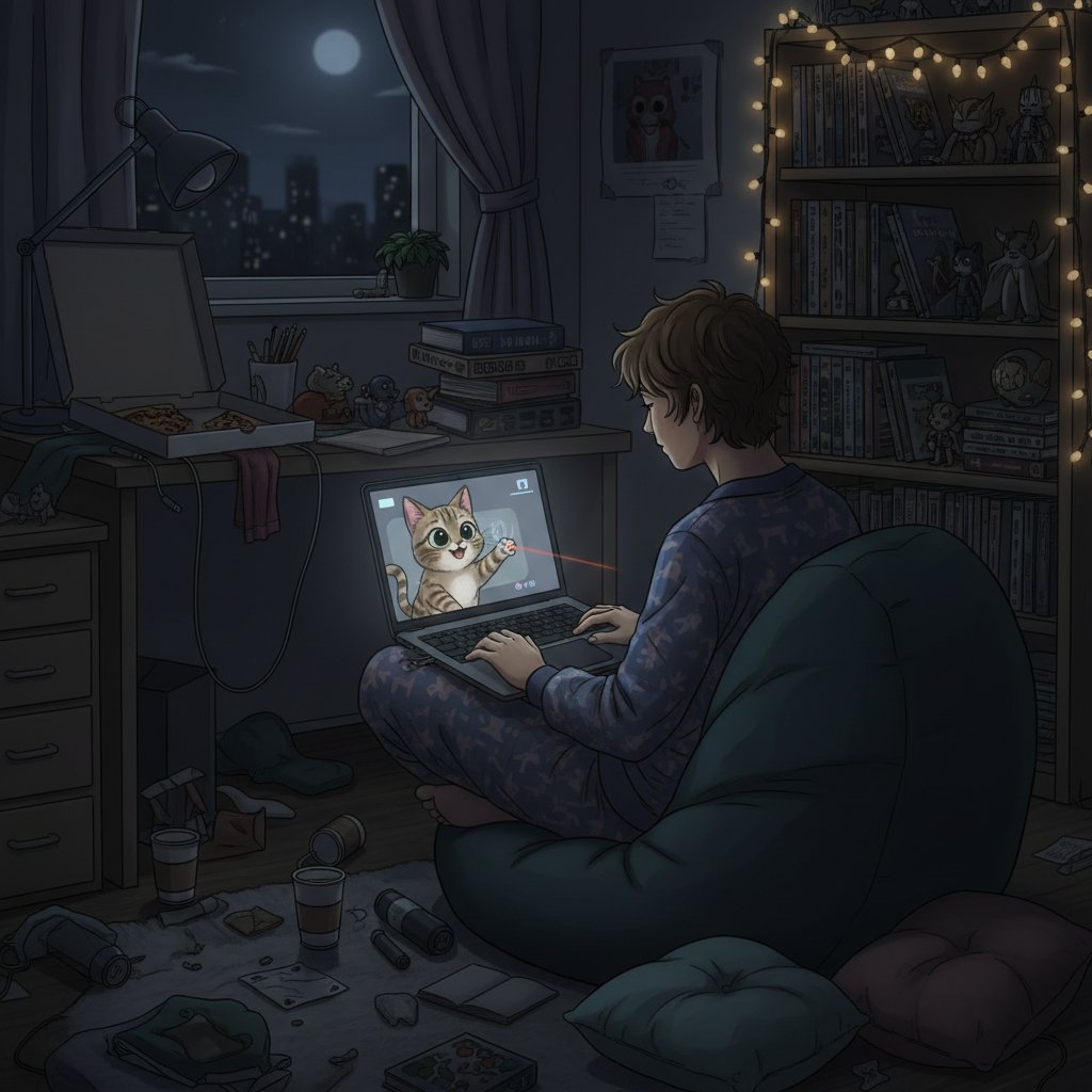Młoda osoba grająca w relaksującą grę online w zaciemnionym pokoju, otoczona przedmiotami codziennego stresu
