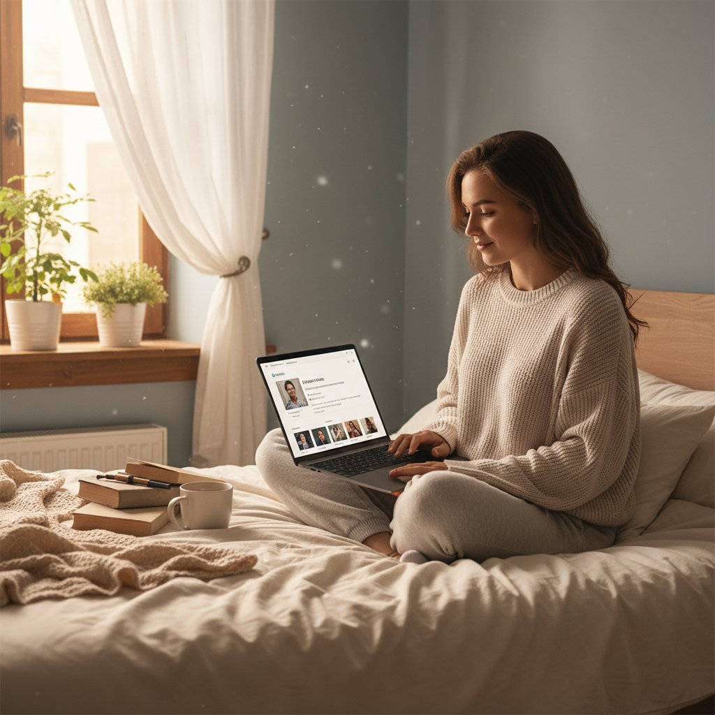 Young adult building dating profile on laptop, calm vibe, bedroom, digital dating strategy for shy people