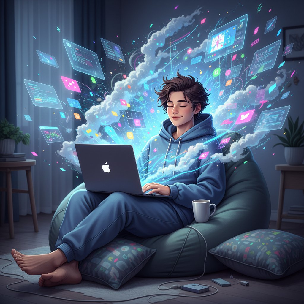 Młoda osoba zrelaksowana przed ekranem laptopa, otoczona cyfrowymi powiadomieniami, symbolizującymi chaos informacyjny