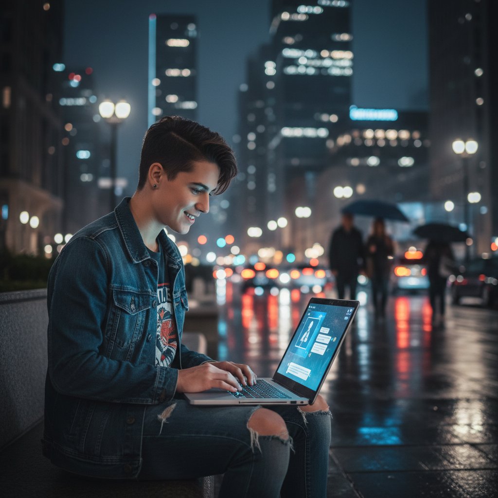 Osoba korzystająca z laptopa podczas nocnej rozmowy online, samotność i słowa kluczowe psychologiczne