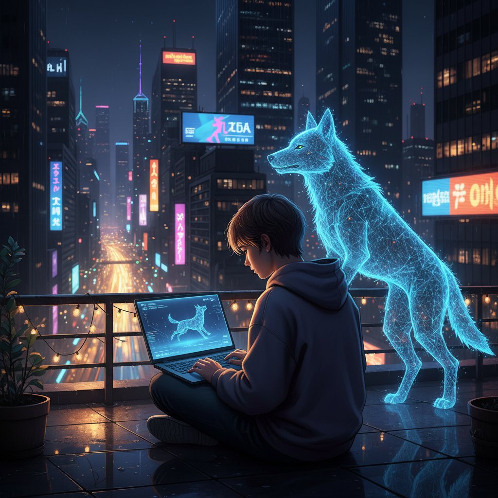 Młody dorosły grający na laptopie z wirtualnym pieskiem na ekranie, klimat nocnego miasta, zabawne gry z psem online