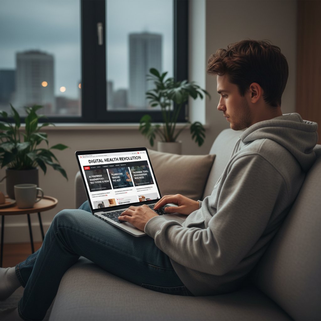 Osoba siedząca przy laptopie, przeglądająca portale zdrowotne, z wyraźnym zainteresowaniem i skupieniem