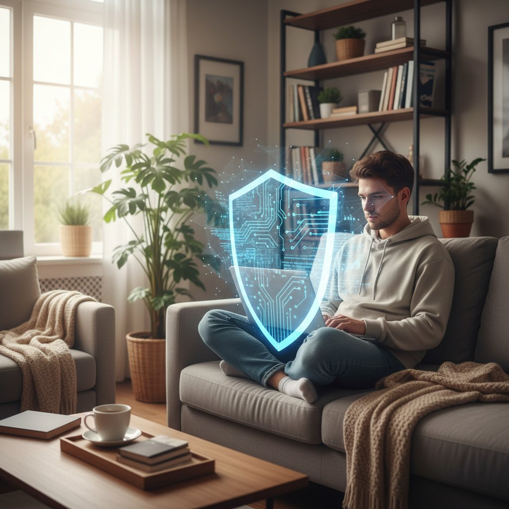 Osoba korzystająca z AI przy komputerze, ochrona prywatności w domowych warunkach