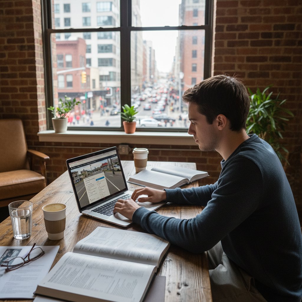 Stres podczas nauki do egzaminu na prawo jazdy online, młoda osoba przy laptopie z książkami i kawą