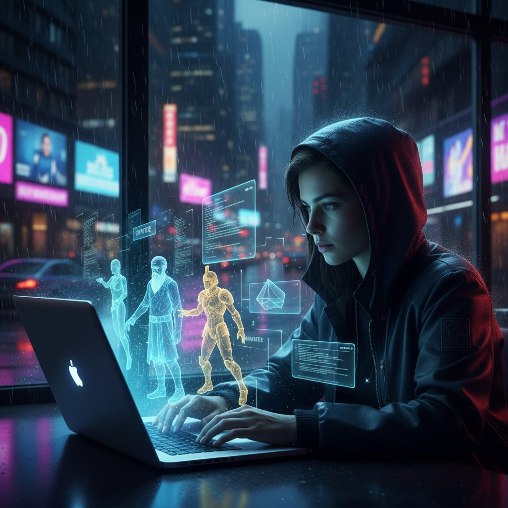 Młody dorosły przy laptopie w półmroku, holograficzne awatary i porady cyfrowe