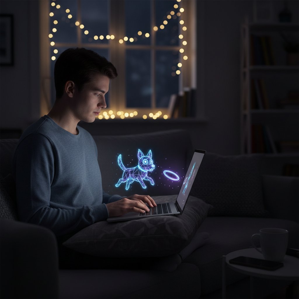 Osoba korzystająca z laptopa nocą, na ekranie widoczny piesek AI, atmosfera intymności i nadziei