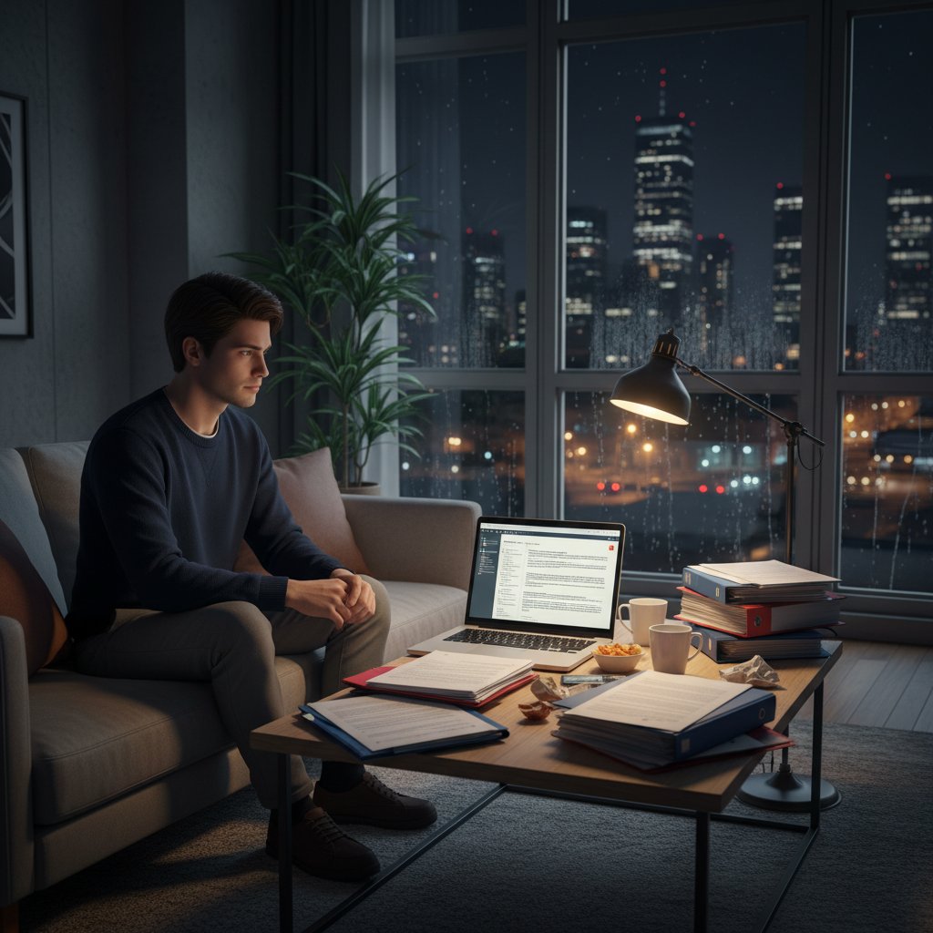 Młoda dorosła osoba przy laptopie w nocy, dokumenty prawne, światło ekranu – realna scena domowa, symbolizująca transformację cyfrową